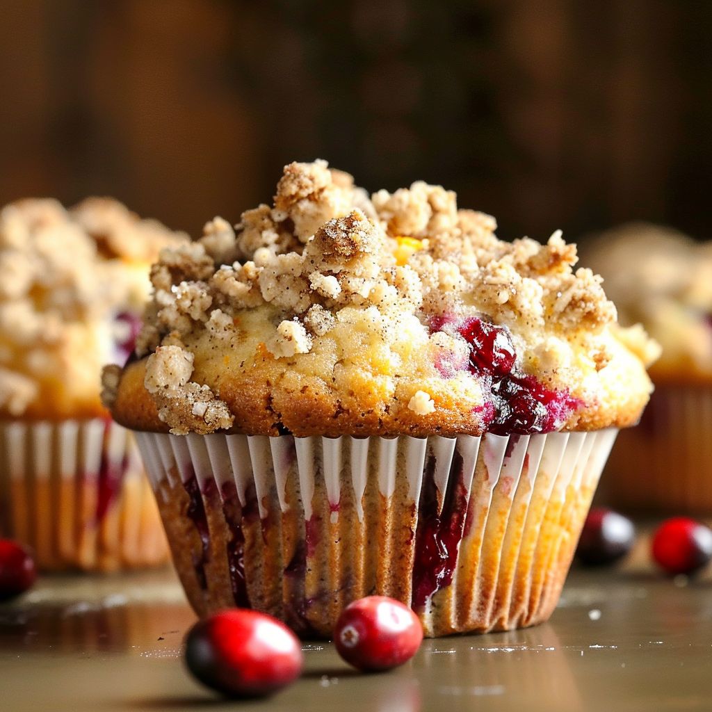 Close-up of a Cranberry Orange Muffin with a streusel topping, showcasing its texture.