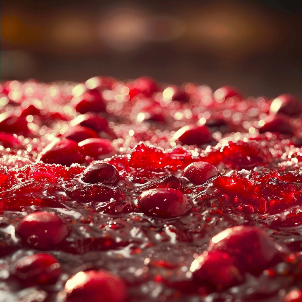 A vibrant, red cranberry curd in a glass dish, illuminated by soft natural light.
