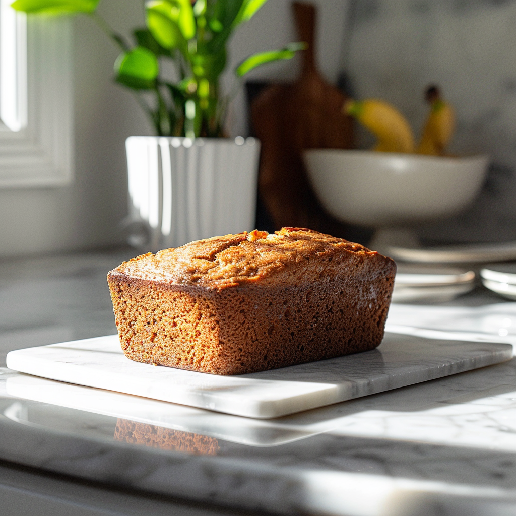 A slice of 3-ingredient banana bread on a marble countertop, illuminated by natural light.