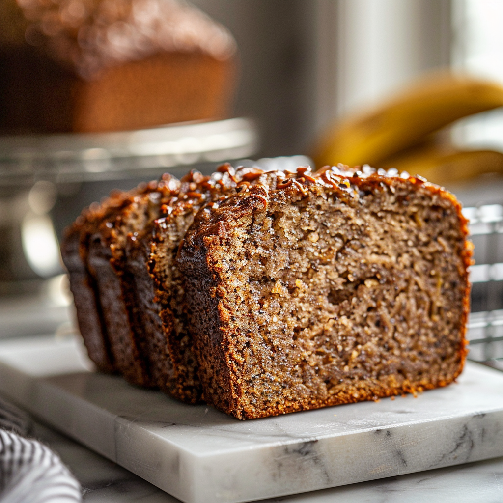 Close-up of a slice of 3-ingredient banana bread on a white marble countertop.
