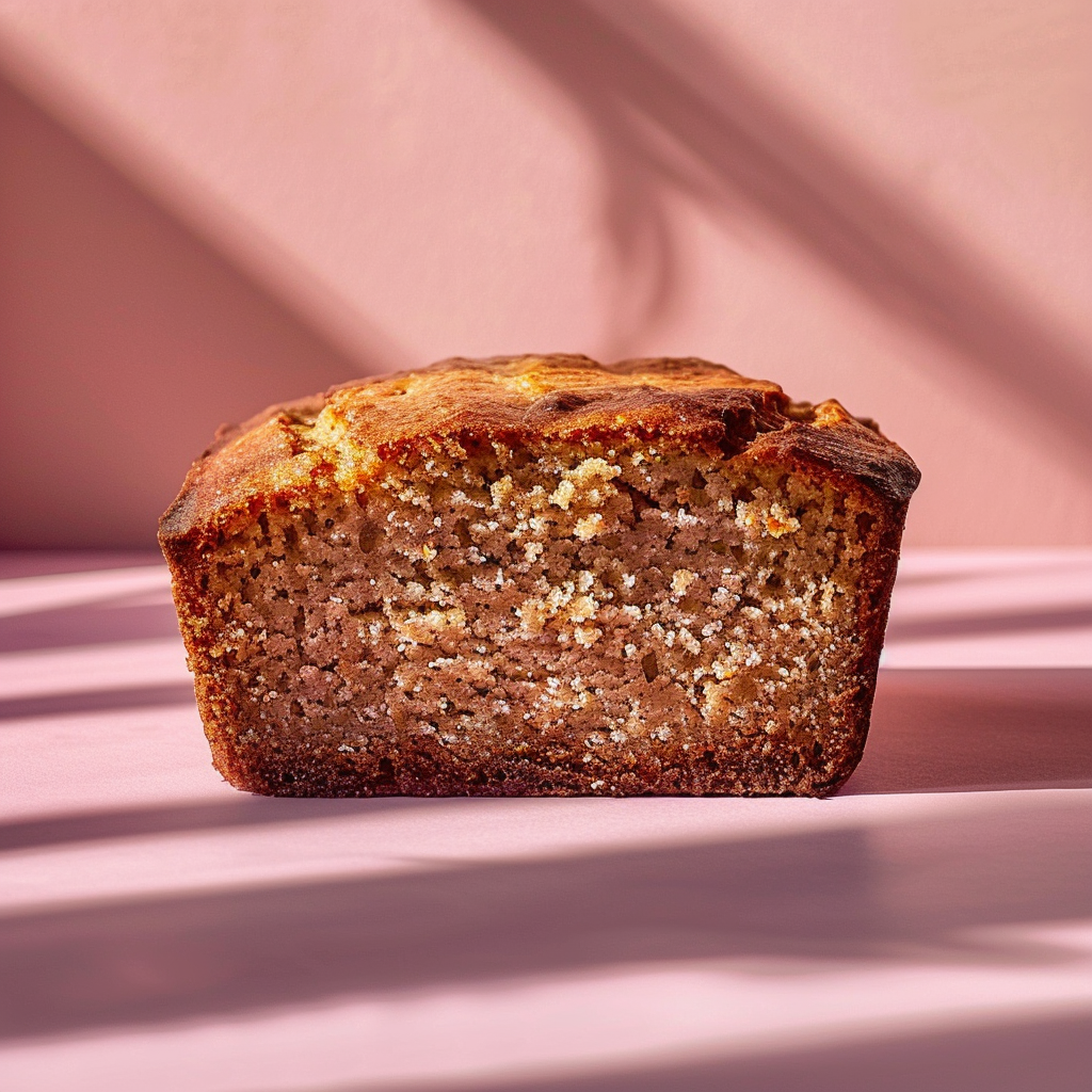 A close-up view of a slice of banana bread on a pale pink surface, showcasing its golden-brown crust and soft texture.