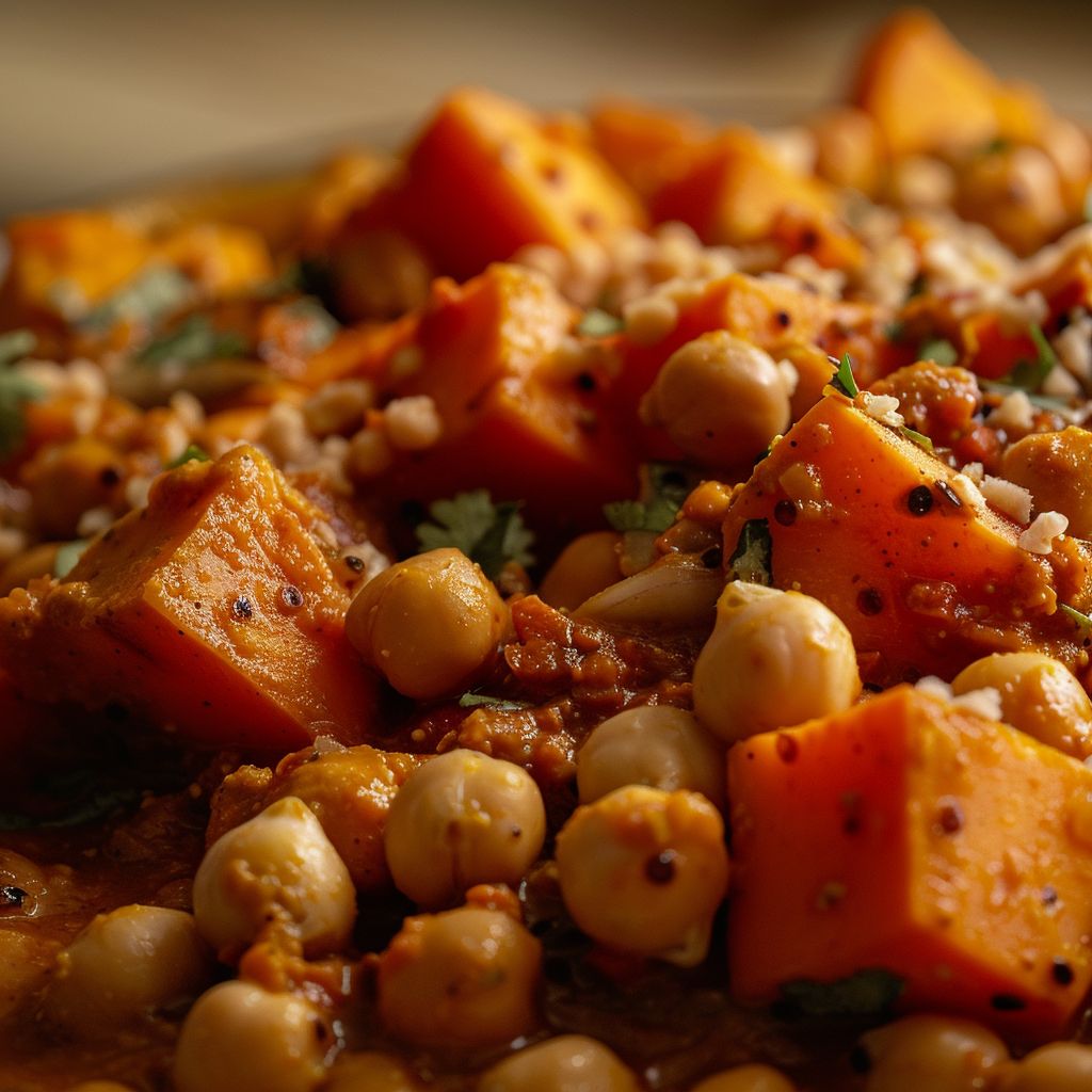 Close-up of vibrant sweet potato curry in a bowl with a creamy texture and garnishes.