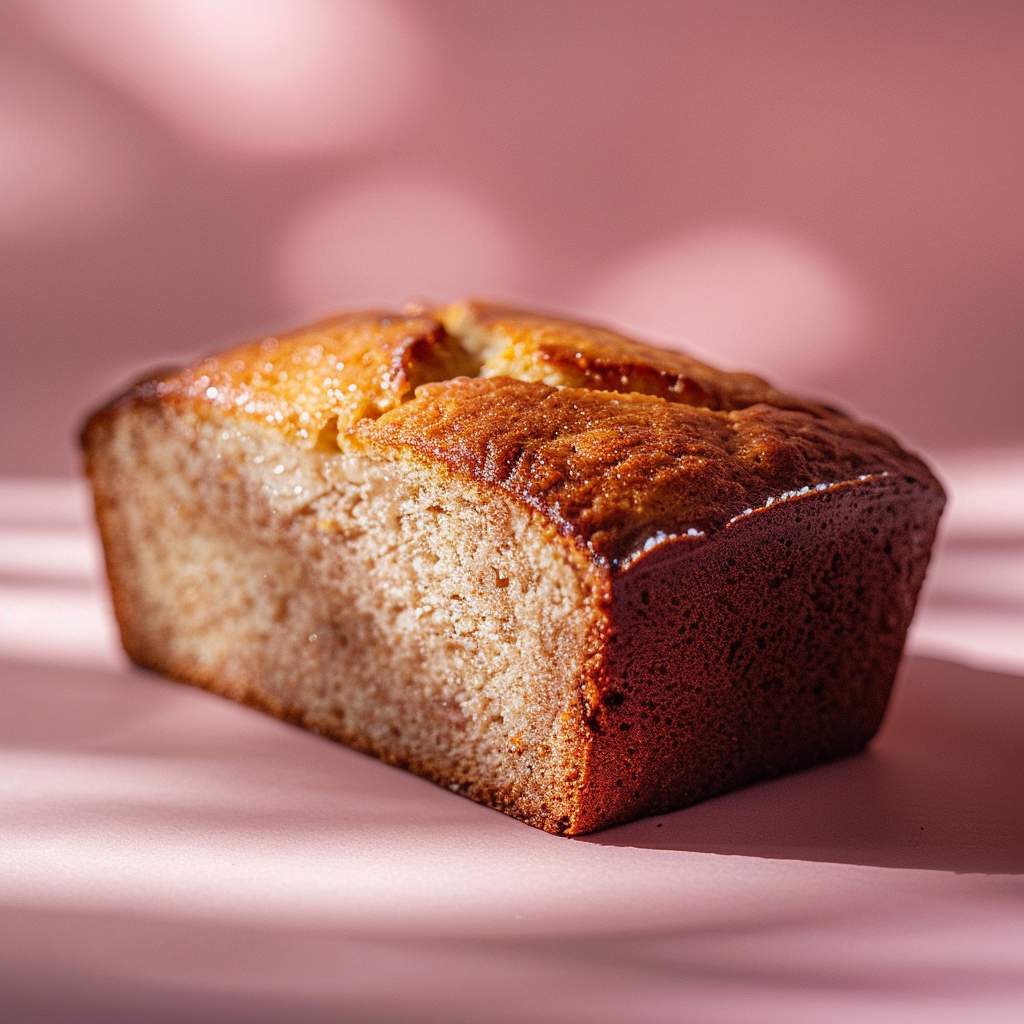 Close-up of a slice of 4 ingredient banana bread on a pale pink surface, beautifully styled with natural light.