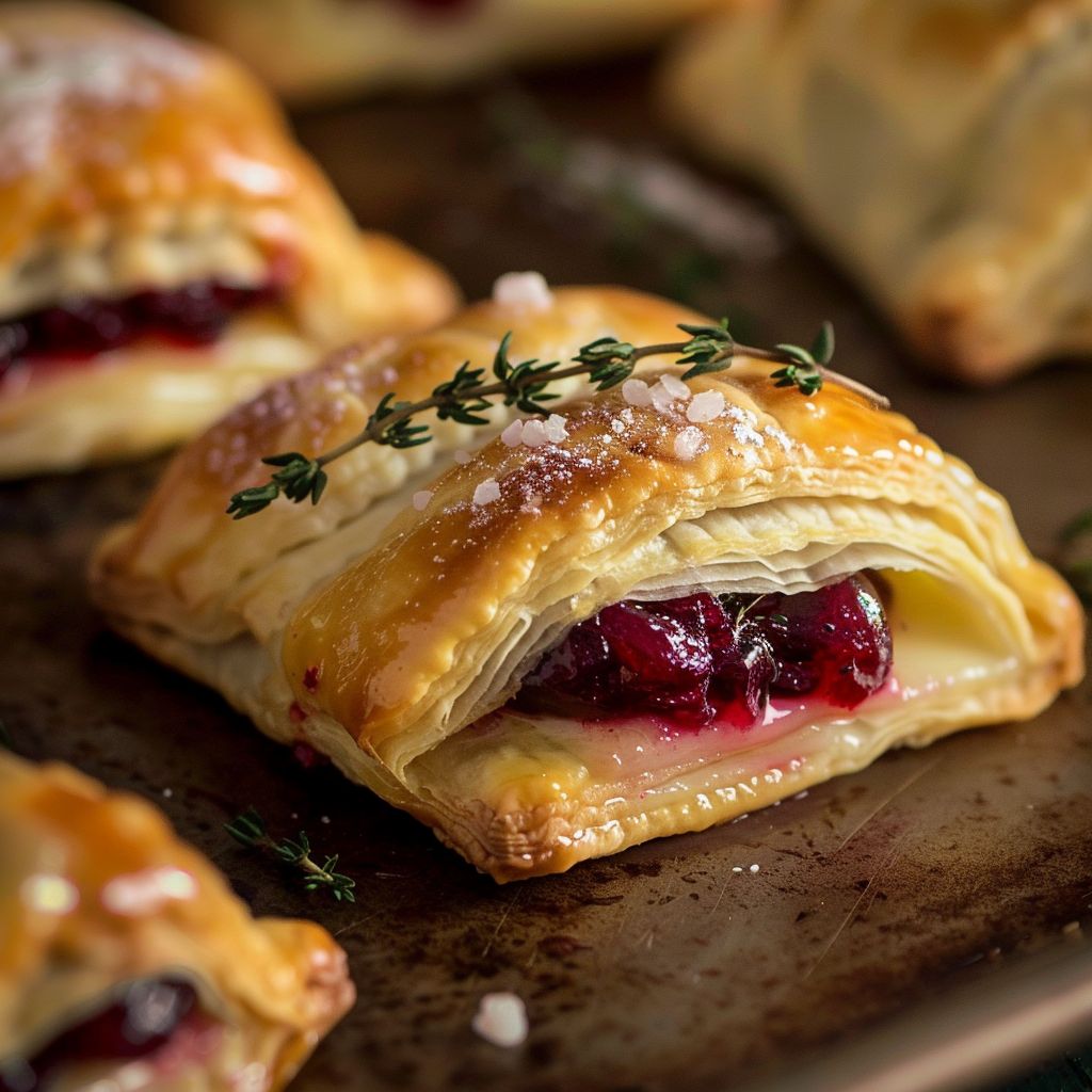 Close-up shot of golden-brown Cranberry Brie Bites on a rustic wooden surface, garnished with fresh herbs.
