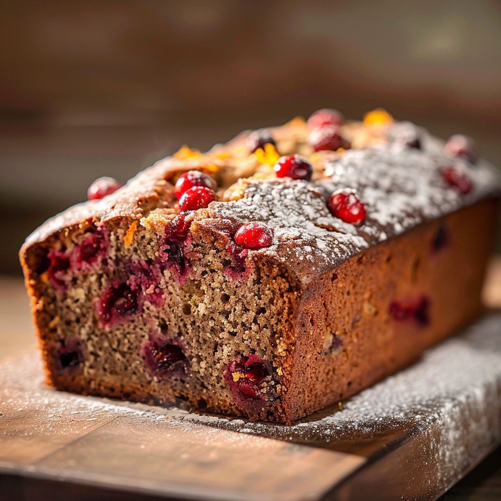 Close-up of a moist Cranberry Orange Loaf with a golden-brown crust and visible cranberries.