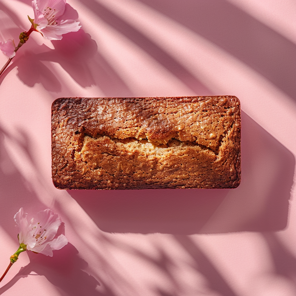 Overhead view of a slice of 4 ingredient banana bread on a pale pink surface.