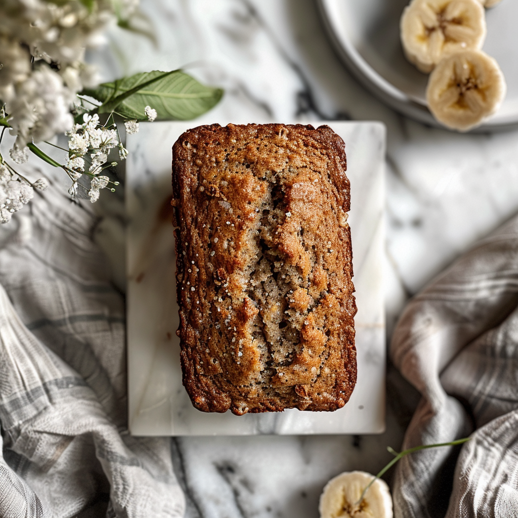 Top-down view of a slice of banana bread on a marble countertop, showcasing its golden-brown crust and soft texture.