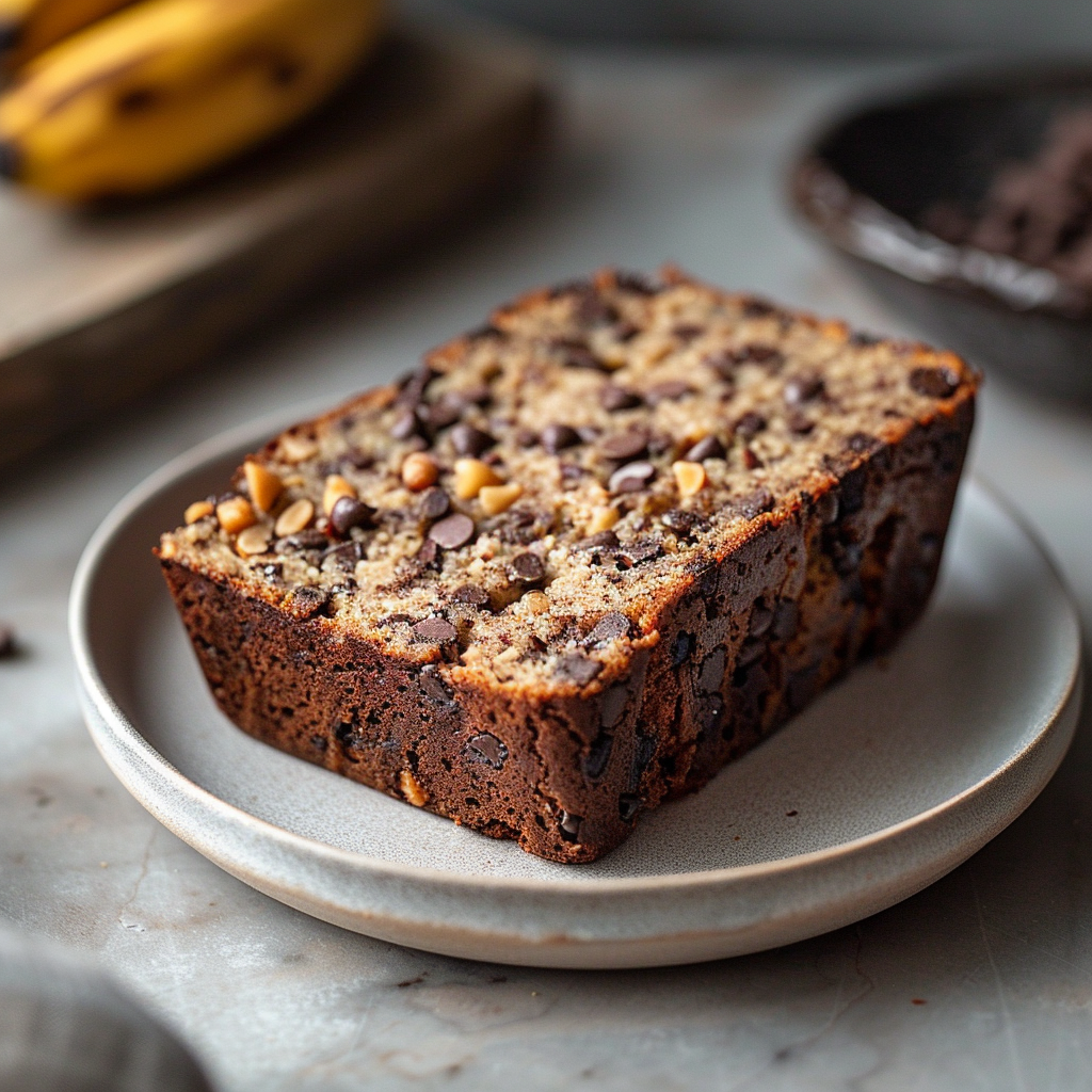 Close-up of a slice of chocolate chip banana nut bread on a light grey plate.
