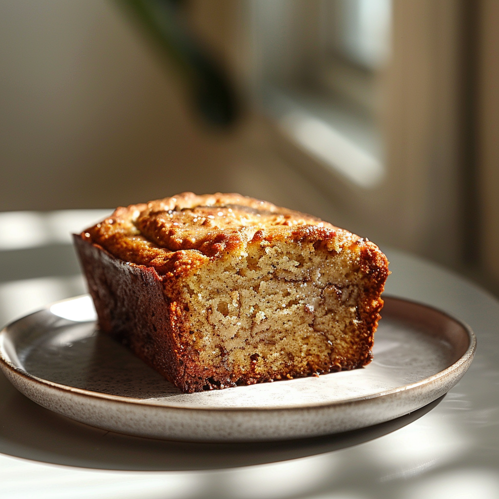 Elegant portion of 4 ingredient banana bread on a light grey ceramic plate.