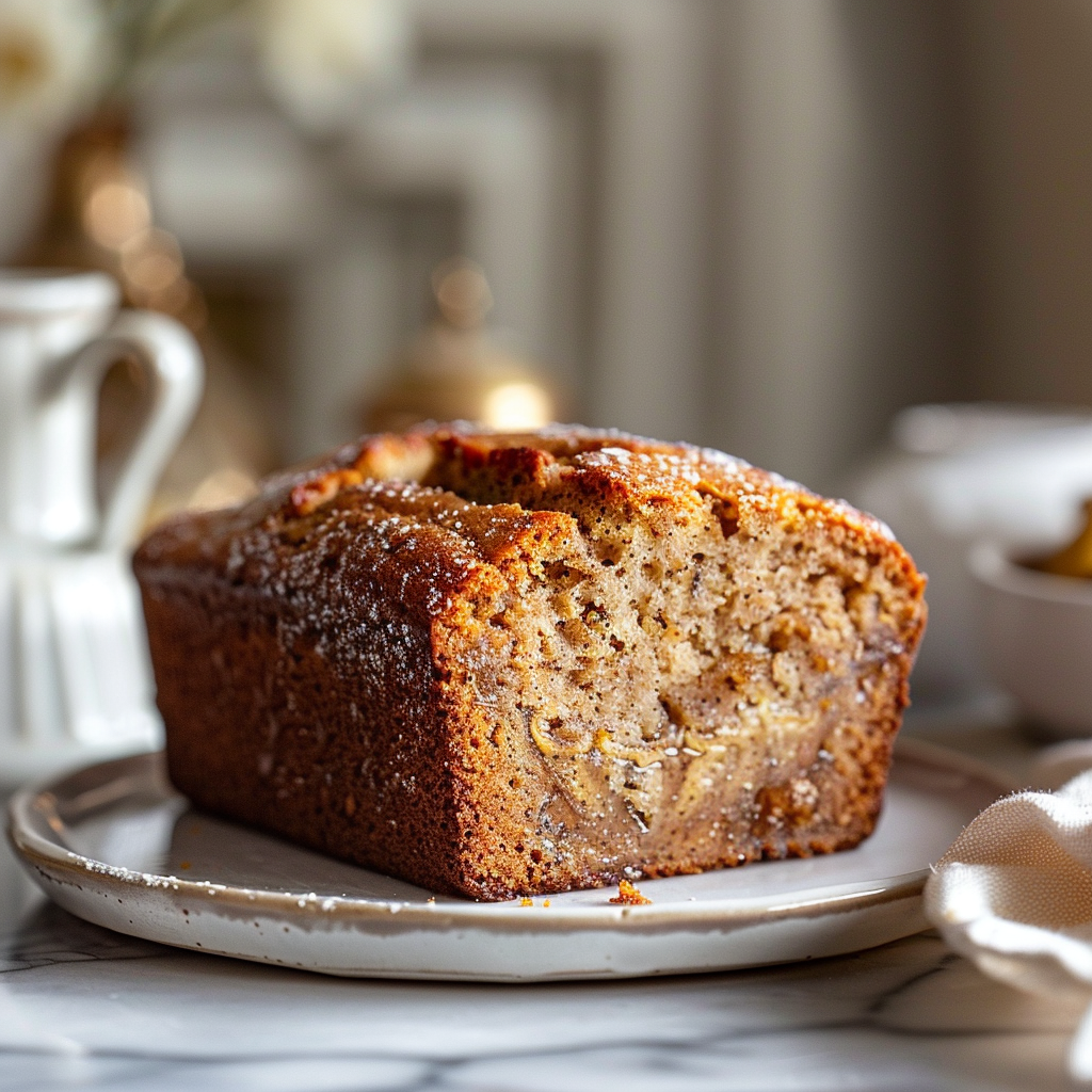 Close-up of a slice of banana bread on a marble countertop.