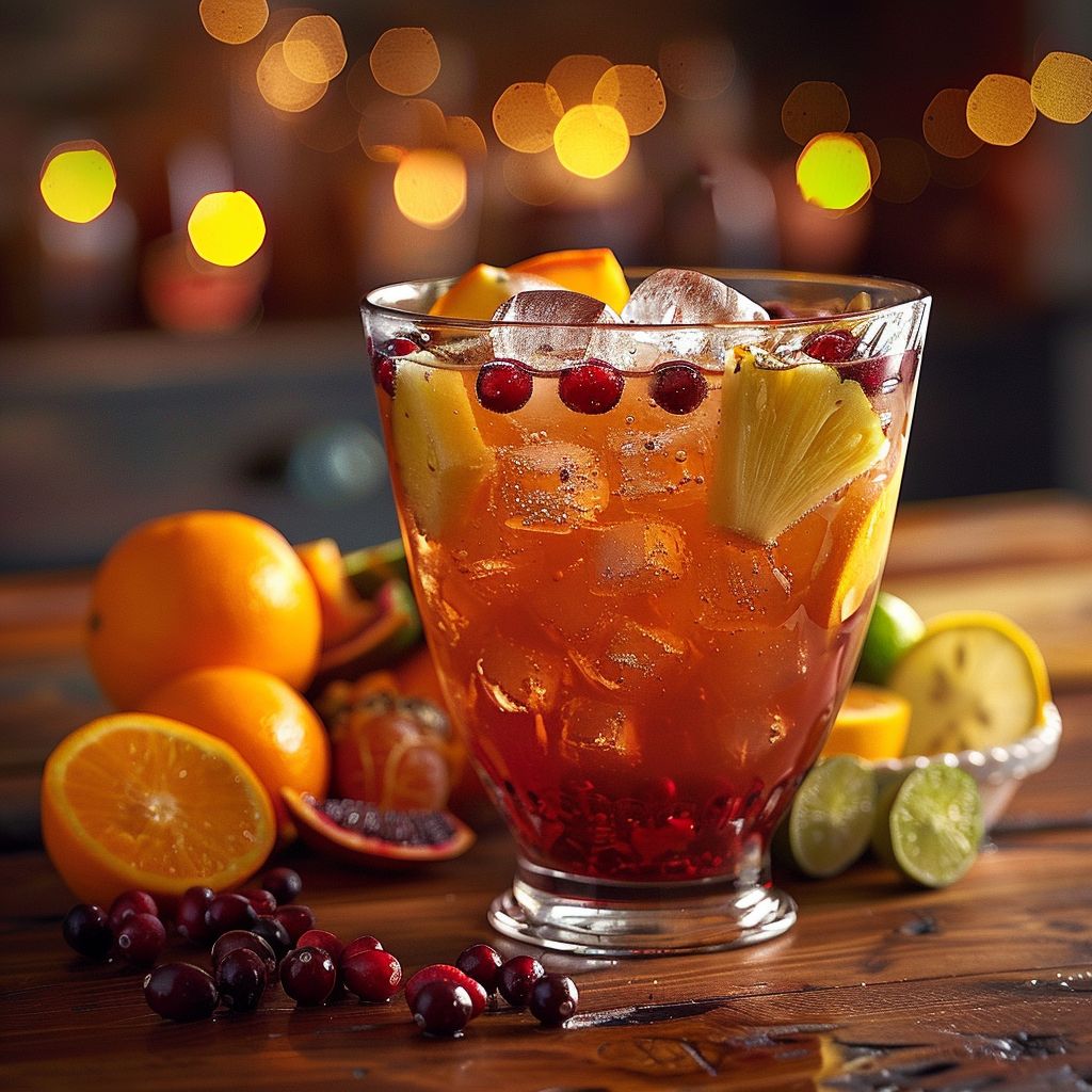 A close-up view of a sparkling Thanksgiving punch featuring cranberries and citrus slices.