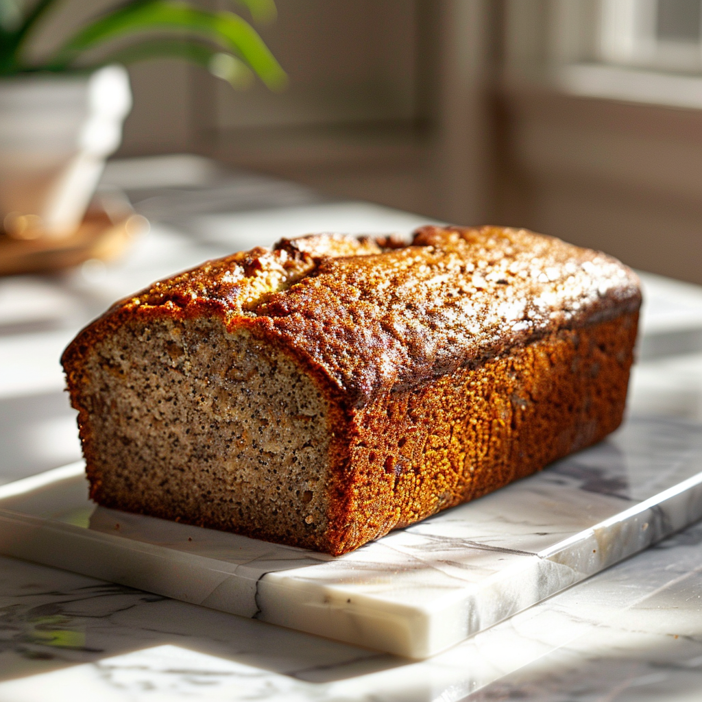 A slice of 4 ingredient banana bread on a white marble countertop with natural light illuminating the scene.