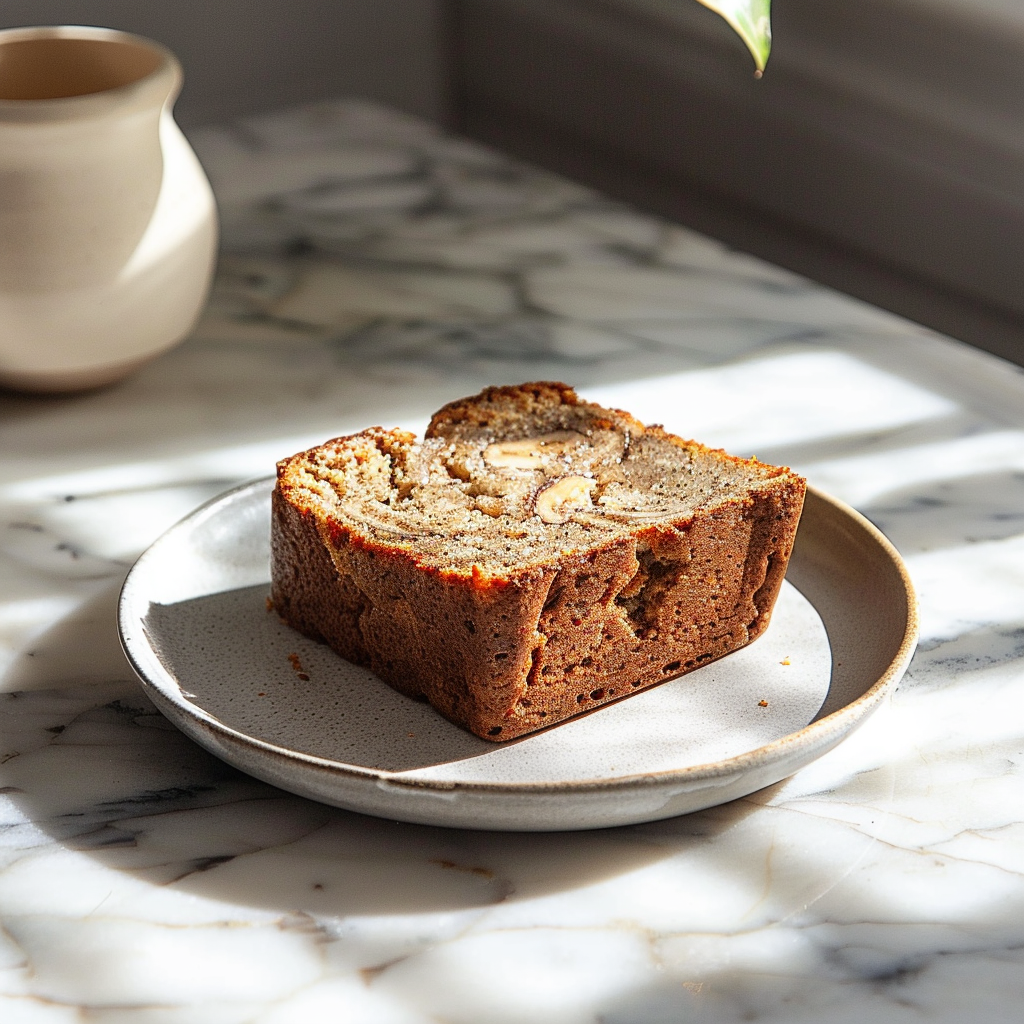 A slice of 4 ingredient banana bread on a light grey ceramic plate, illuminated with natural light.