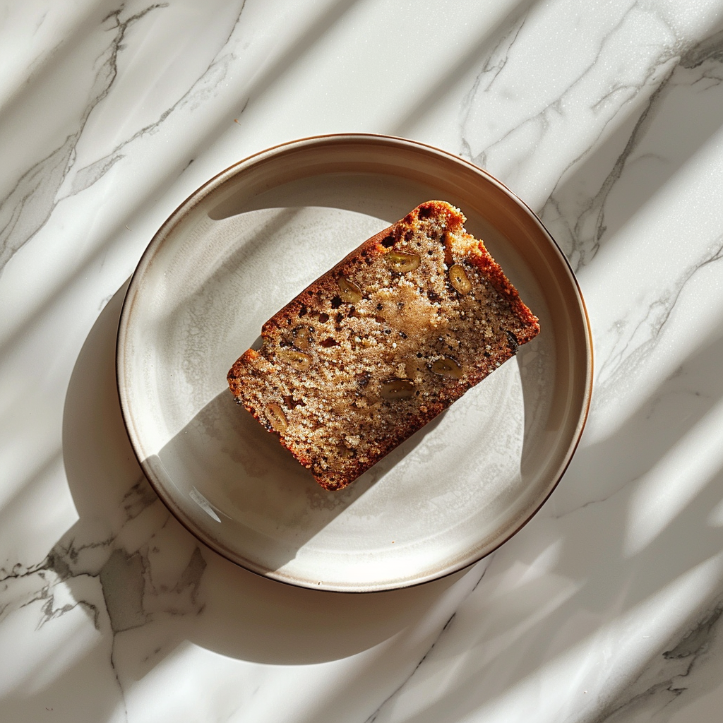 A top-down view of sliced banana bread on a white marble countertop, elegantly styled.