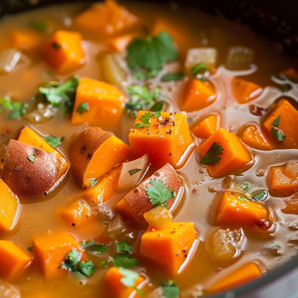 Close-up shot of savory sweet potato and carrot soup in a bowl, with natural lighting highlighting its creamy texture.