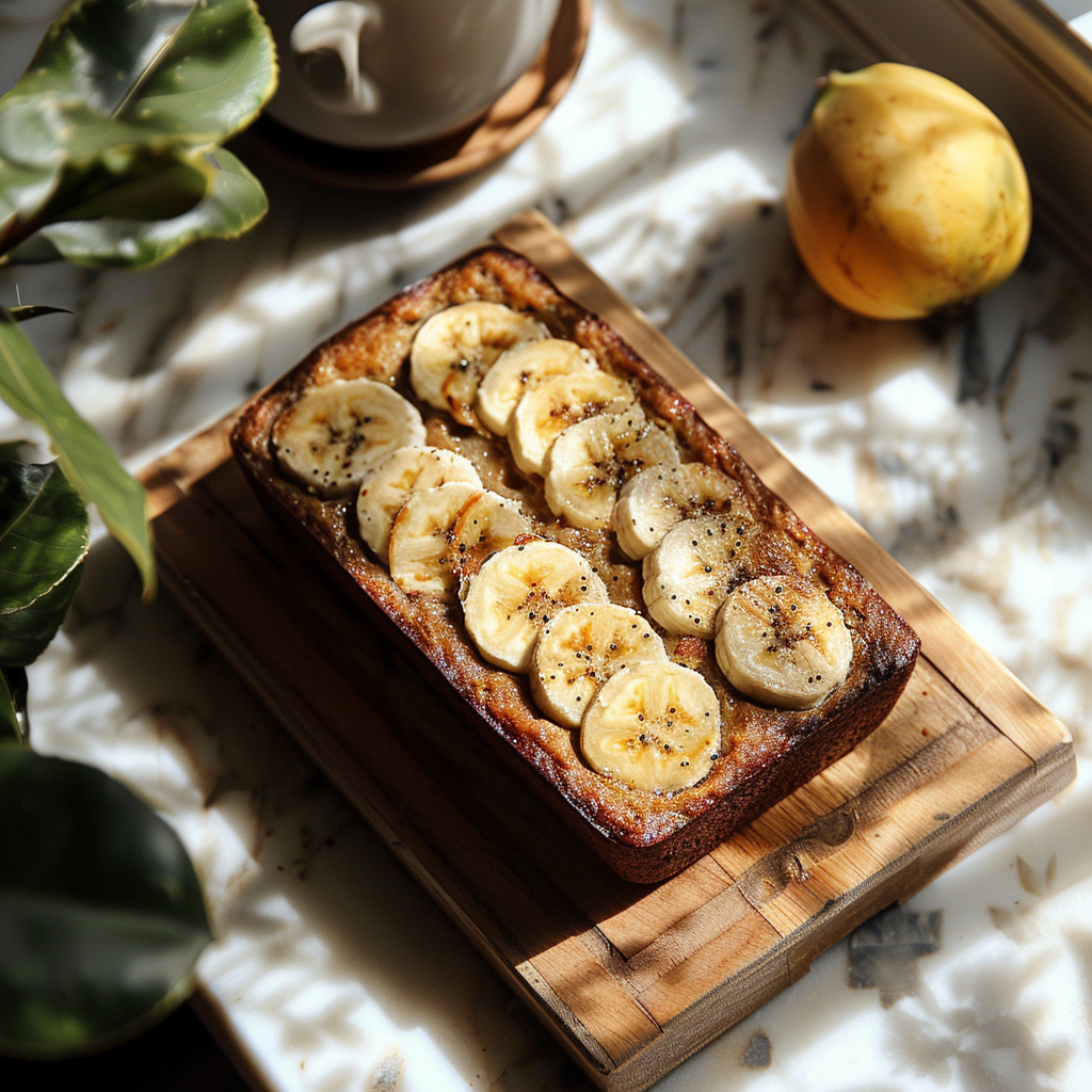Top-down view of a moist banana bread slice on a light wooden board, with a soft background.