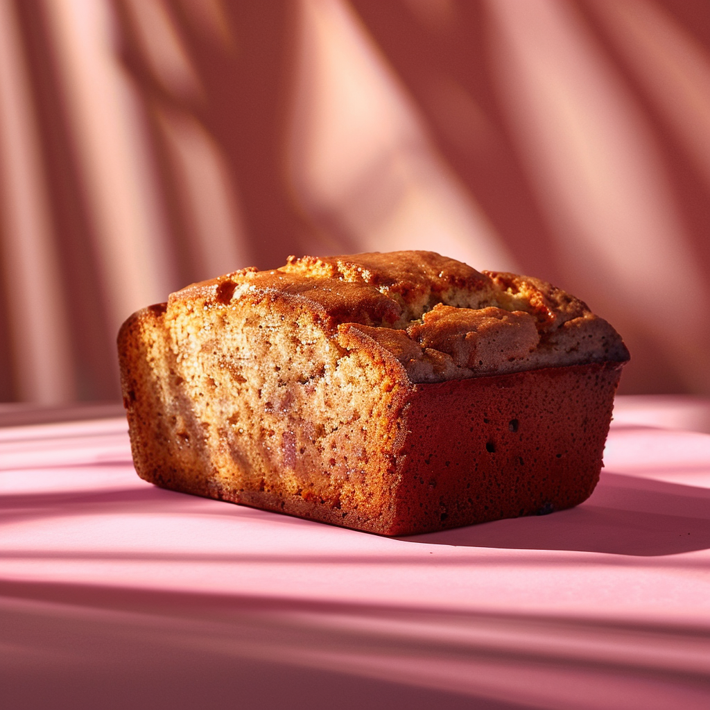 Close-up of a slice of moist banana bread on a pale pink surface, showcasing its texture and richness.