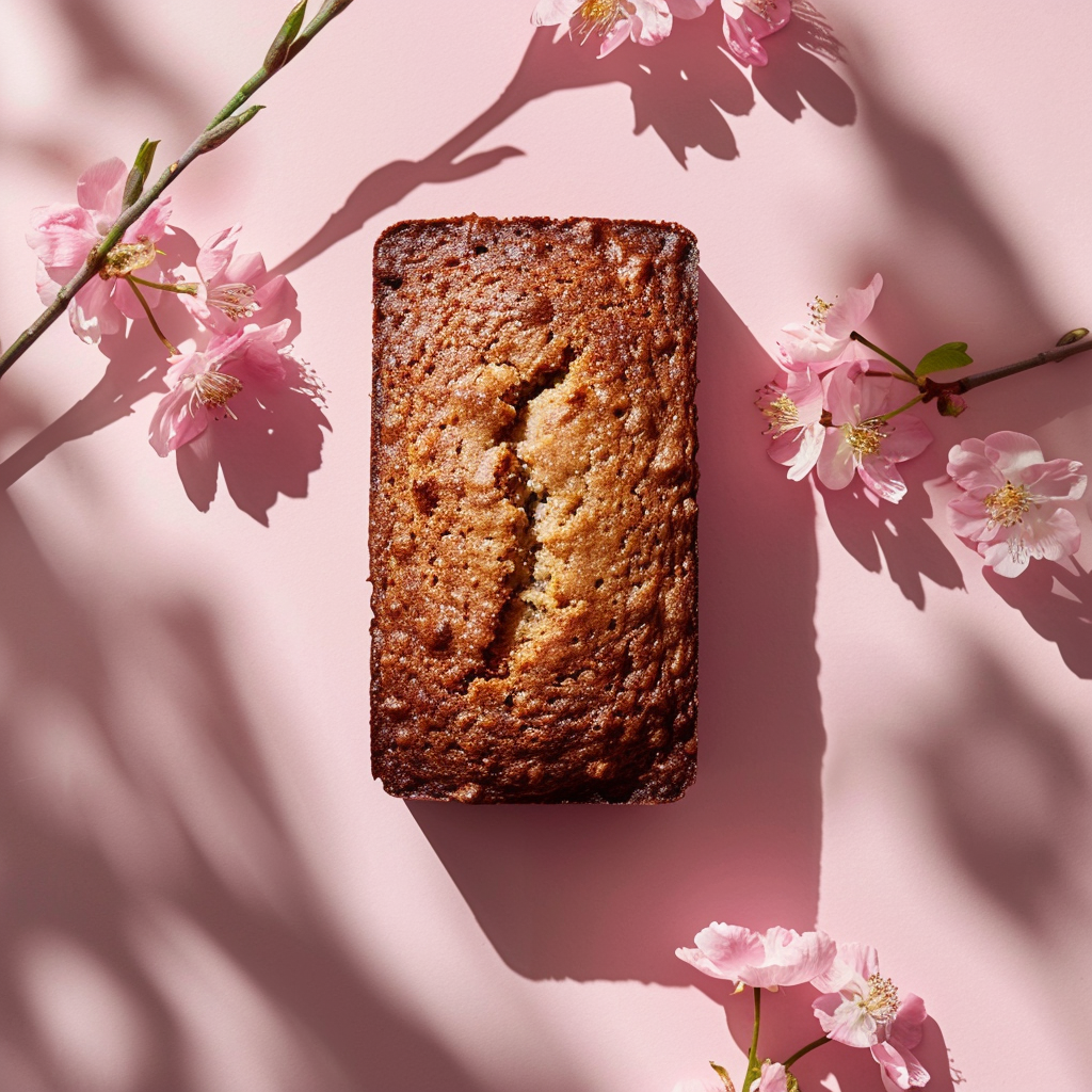 Top-down view of a slice of banana bread on a pale pink surface with natural light.