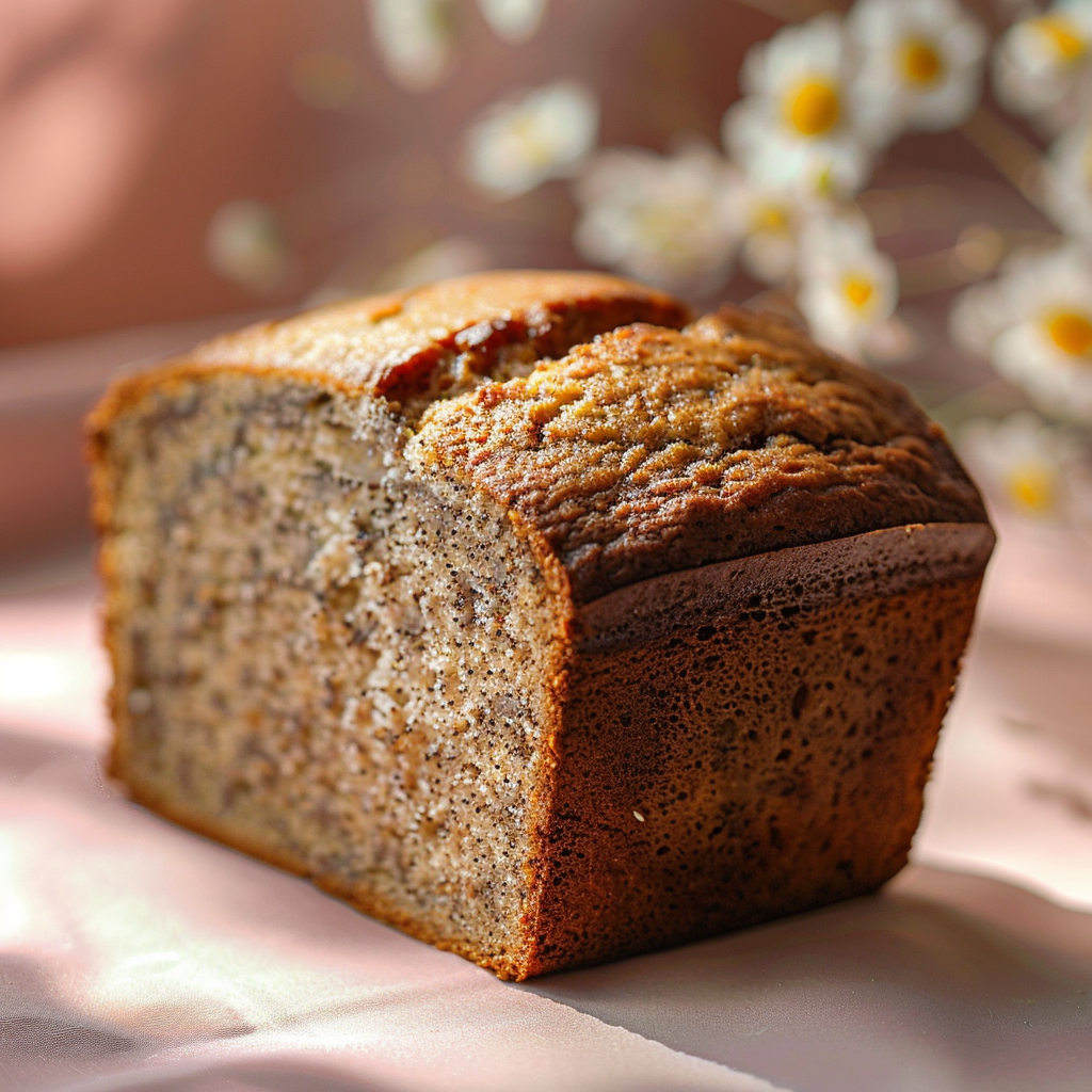 Close-up of moist banana bread on a light pink surface with natural lighting.
