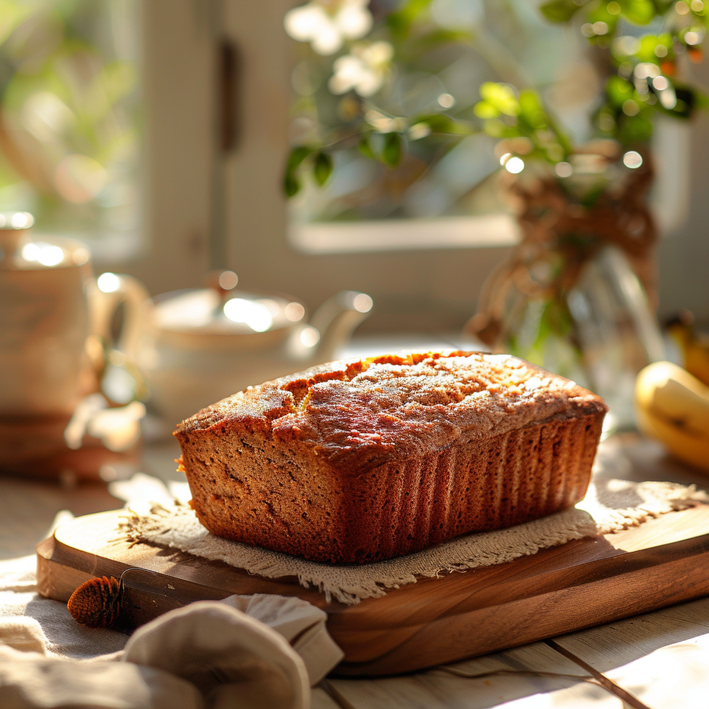A close-up of a slice of moist banana bread on a light wooden board.
