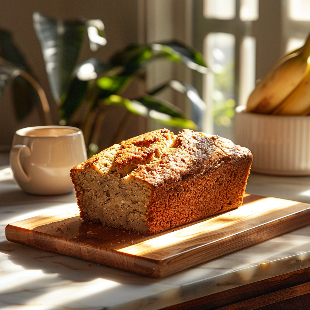 A slice of moist banana bread on a light wooden board, illuminated by natural light.