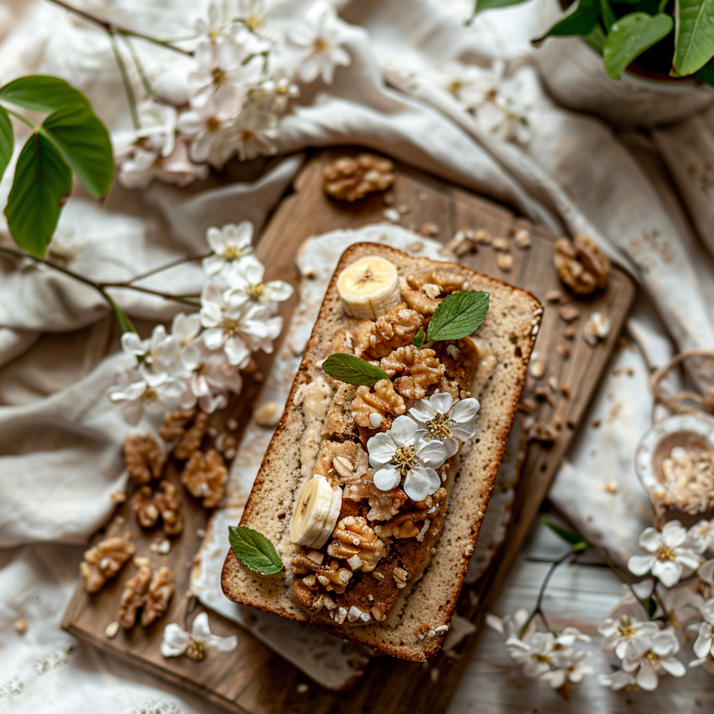 A top-down view of a slice of gluten-free banana bread on a light wooden board, illuminated by natural light.