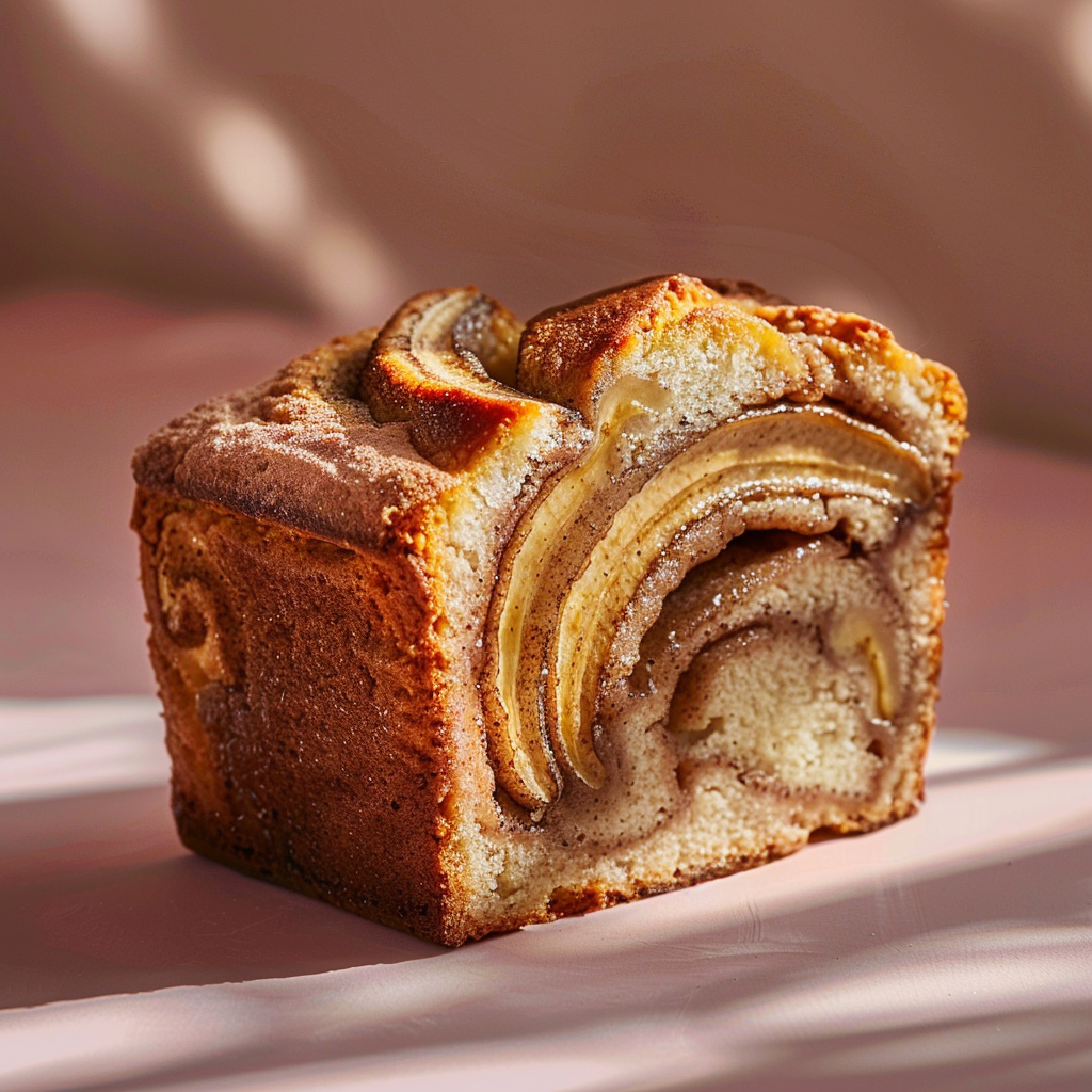 Close-up of a slice of cinnamon swirl banana bread on a pale pink surface.