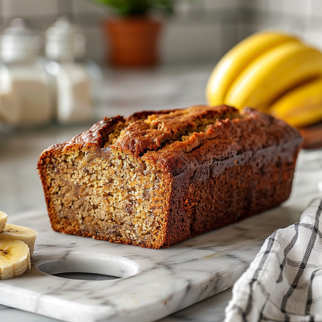 Close-up of a slice of banana bread on a marble countertop.