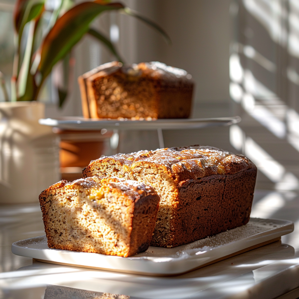 A slice of banana bread on a white marble countertop with soft natural lighting.