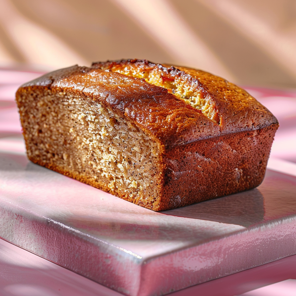 Close-up of a slice of banana bread on a pale pink surface, showcasing its warm, inviting texture.