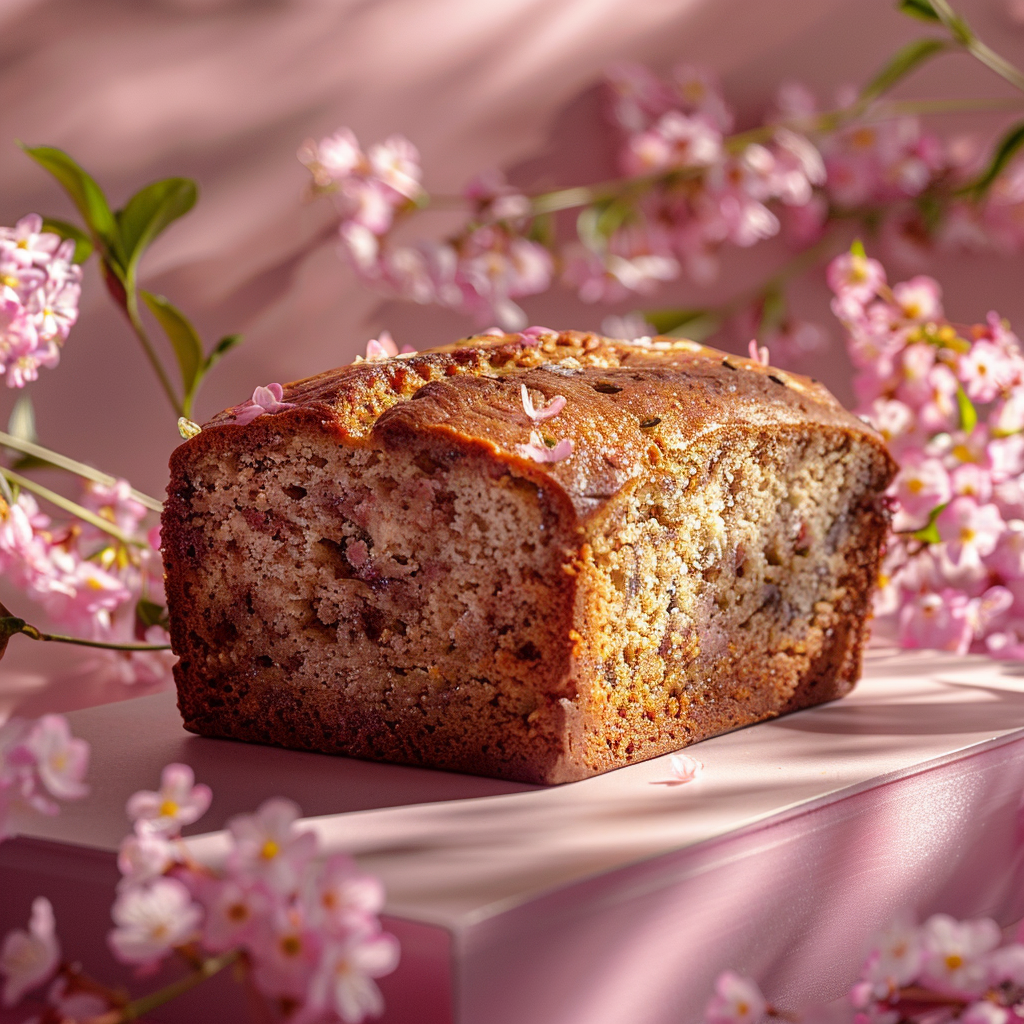 A piece of moist banana bread elegantly styled on a pale pink surface, illuminated by natural light.