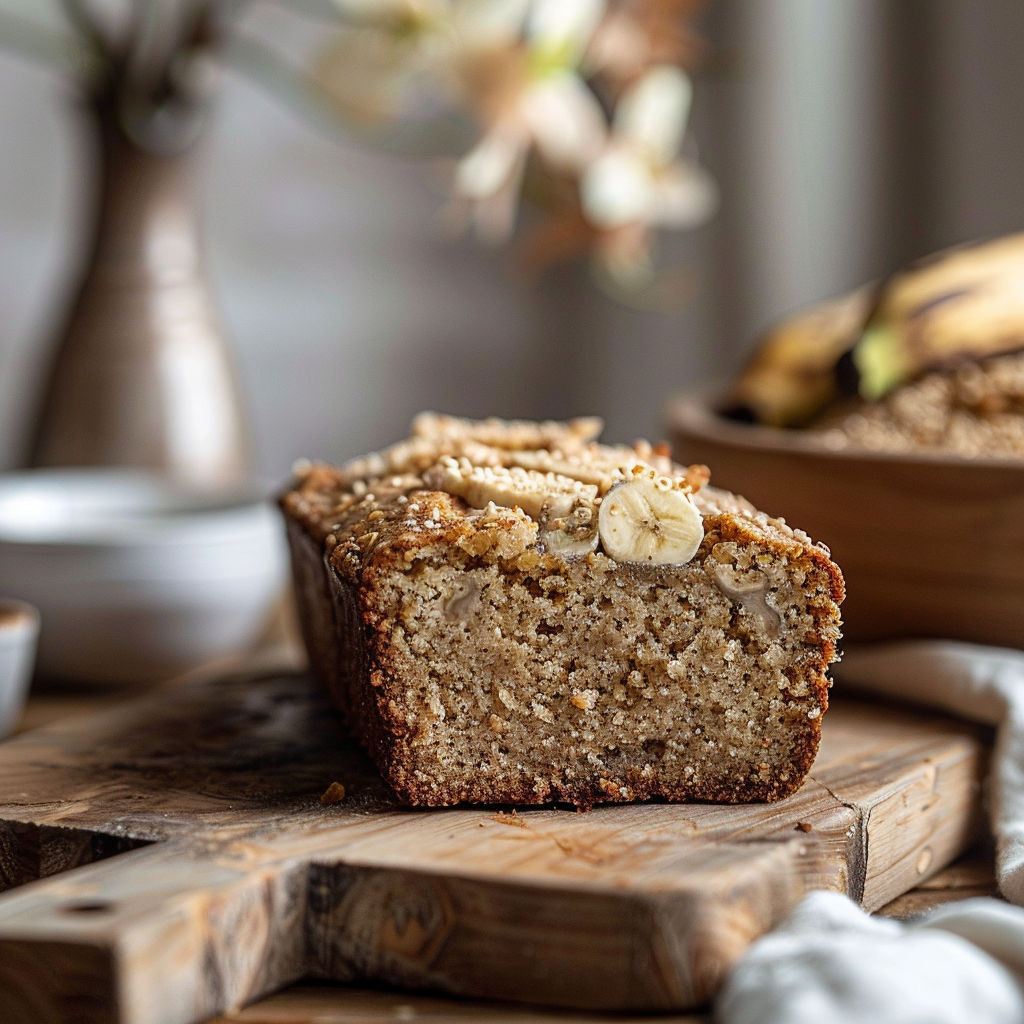 A close-up of a slice of moist banana bread on a light wooden board.