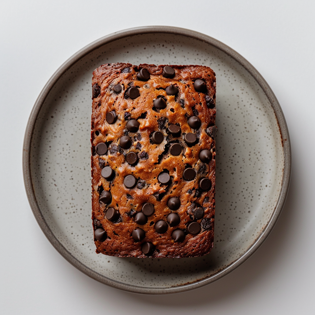 Top-down view of moist vegan chocolate chip banana bread on a light grey ceramic plate.