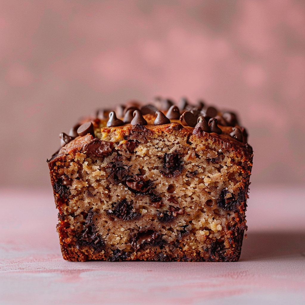 Close-up of moist vegan chocolate chip banana bread on a pale pink surface.