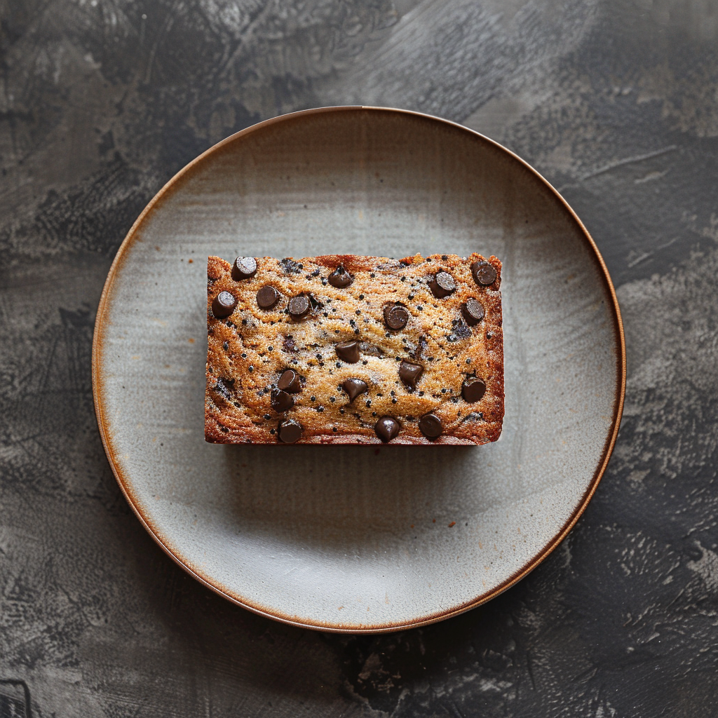 Top-down view of moist vegan chocolate chip banana bread on a light grey plate.
