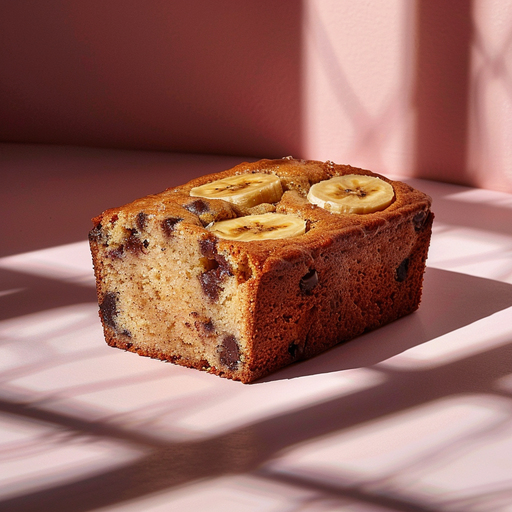 Close-up of a slice of moist vegan chocolate chip banana bread on a pale pink surface, showcasing chocolate chips and a soft texture.