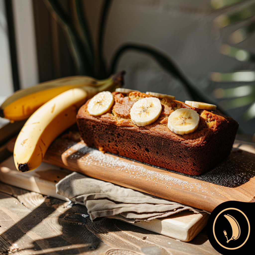 A top-down view of banana bread on a light-washed wooden board, accompanied by two whole bananas.