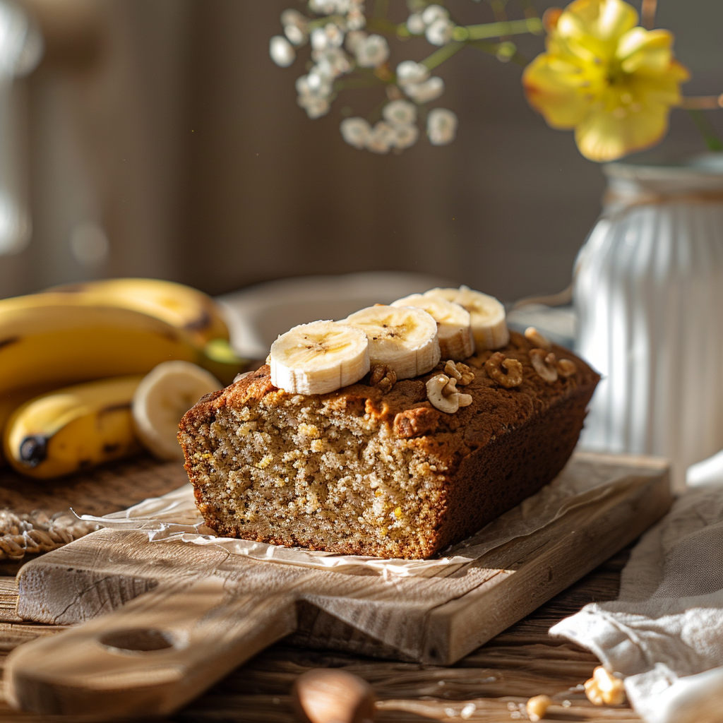 A slice of banana bread on a light wooden board next to two ripe bananas.