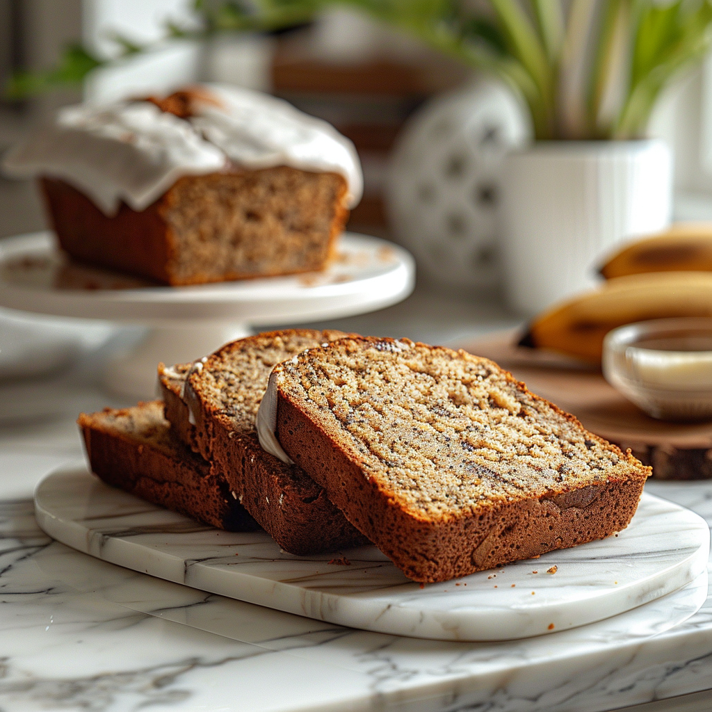 A slice of banana bread made without butter, displayed on a white marble countertop, surrounded by natural light.
