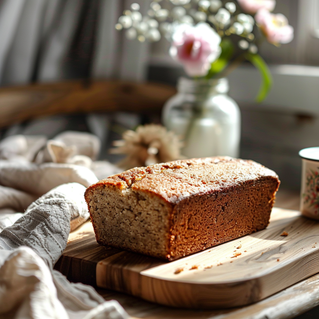 A slice of eggless banana bread on a light wooden board with natural light illuminating the scene.
