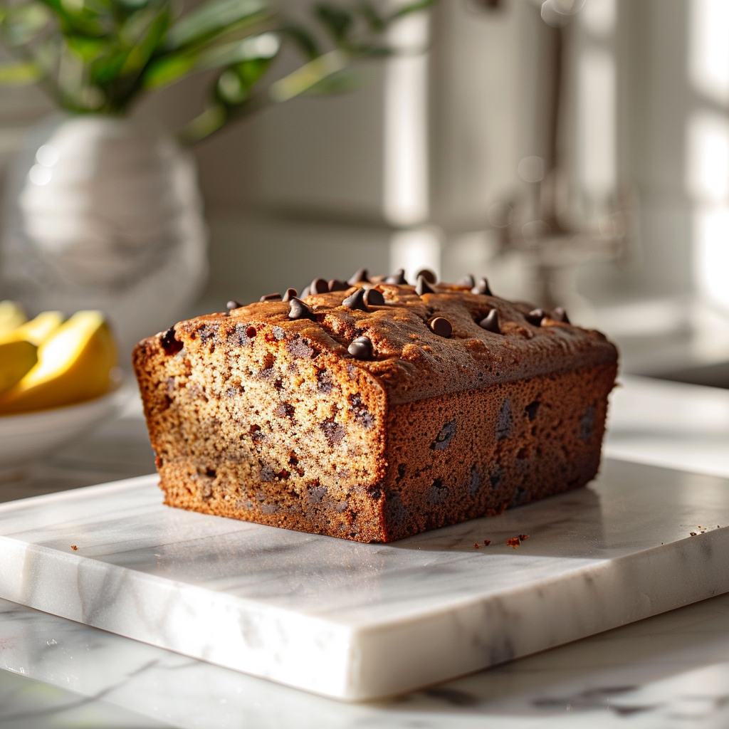 A slice of chocolate chip banana bread on a white marble countertop, beautifully styled with soft natural light.