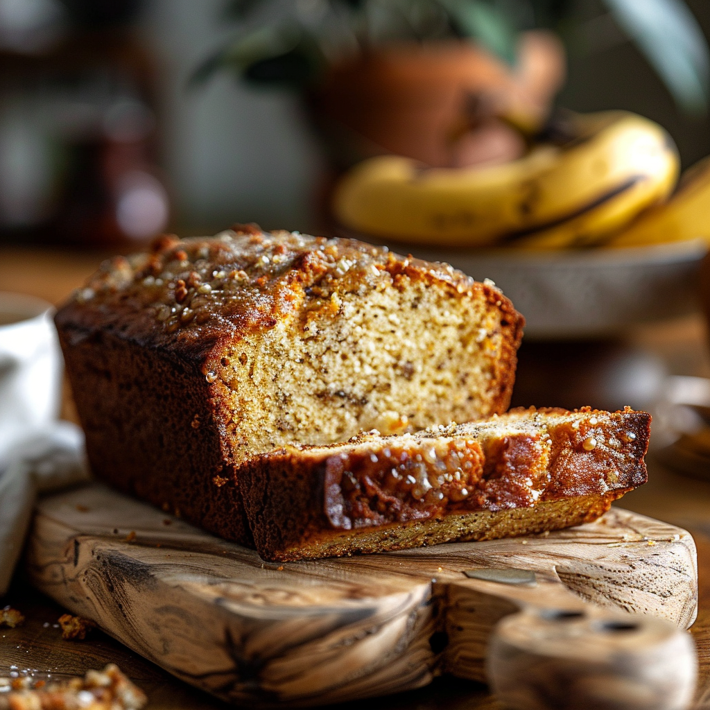 A close-up of a slice of banana bread on a light wooden board, showcasing its texture and golden crust.