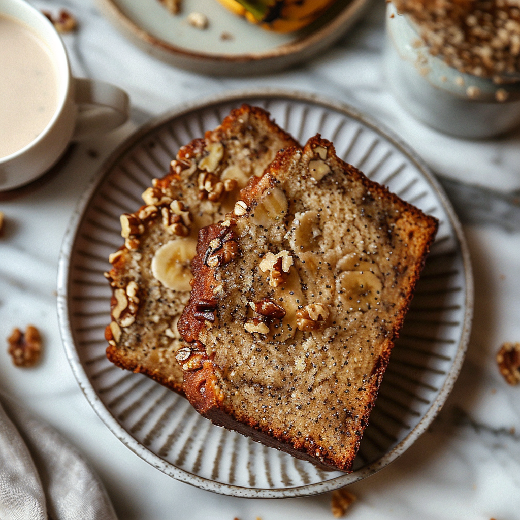 Top-down view of a slice of banana nut bread on a light grey ceramic plate.