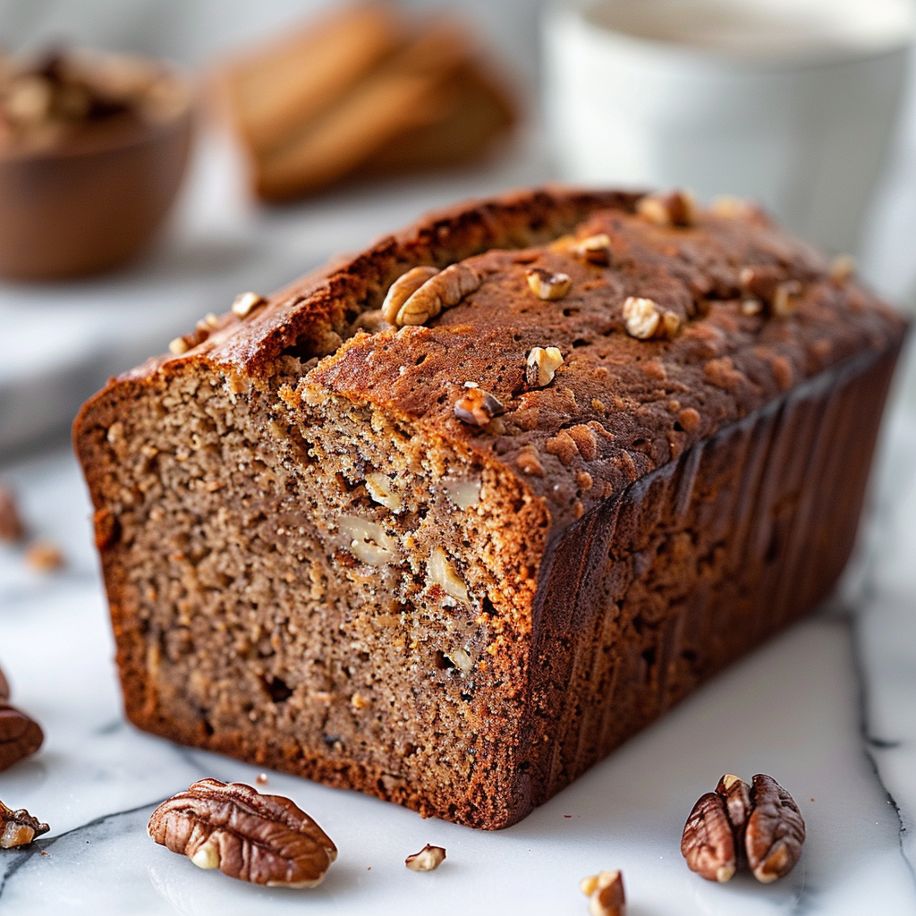 Close-up of a slice of banana nut bread on a white marble countertop.