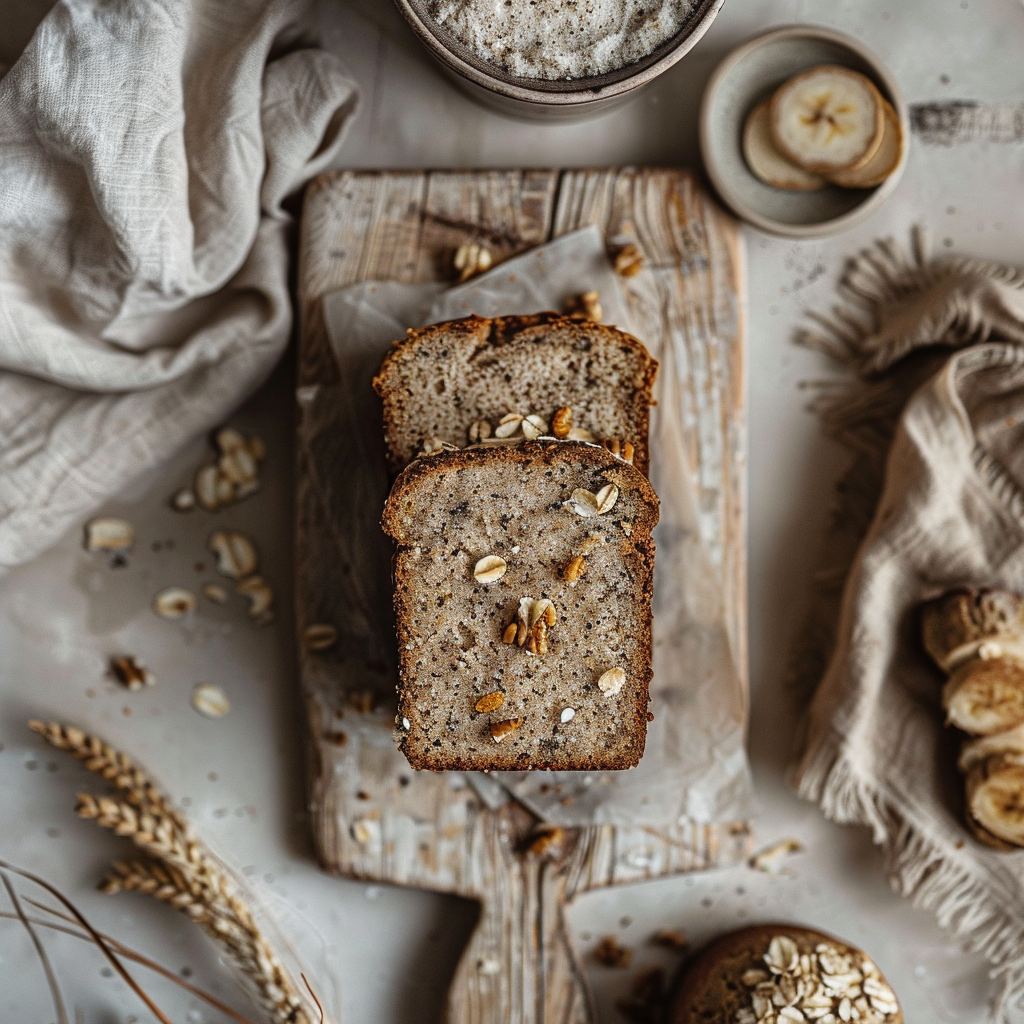 A flatlay of three distinct healthy banana bread recipes arranged on a light wooden board.
