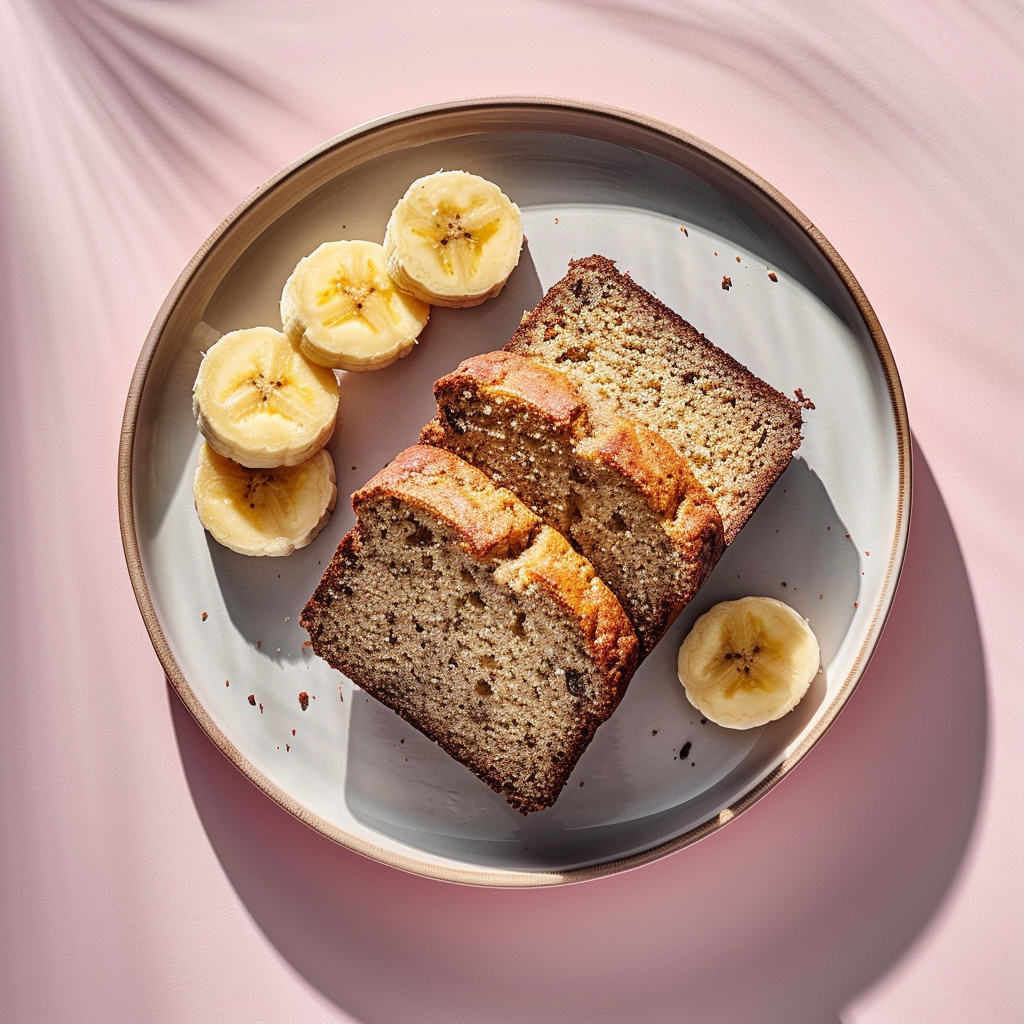Three slices of healthy banana bread displayed on a pale pink surface.