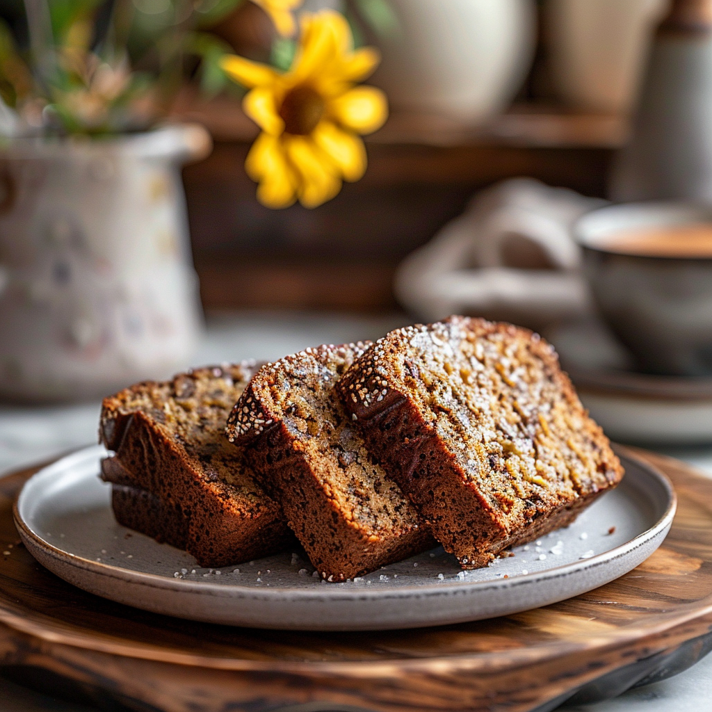 A light grey ceramic plate featuring three slices of healthy banana bread, beautifully arranged with a soft background.
