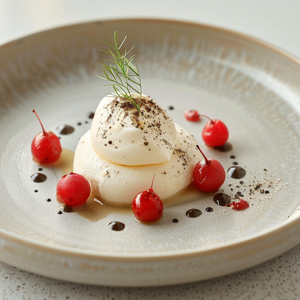 An elegant dish of c0zsqavjfns on a light grey plate, illuminated by natural window light.