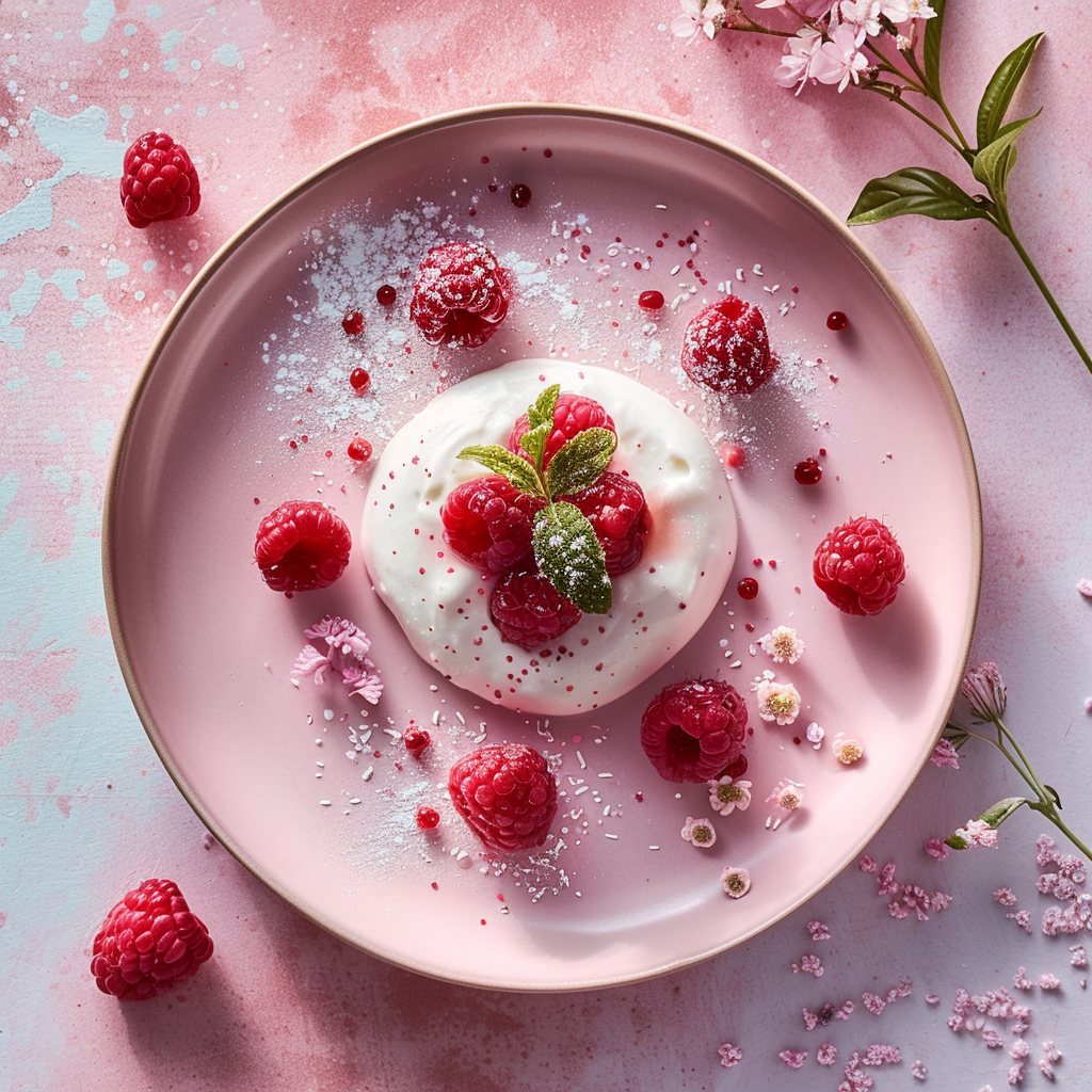 Top-down view of a beautifully styled dish of c0zsqavjfns on a pale pink surface, surrounded by soft lighting.