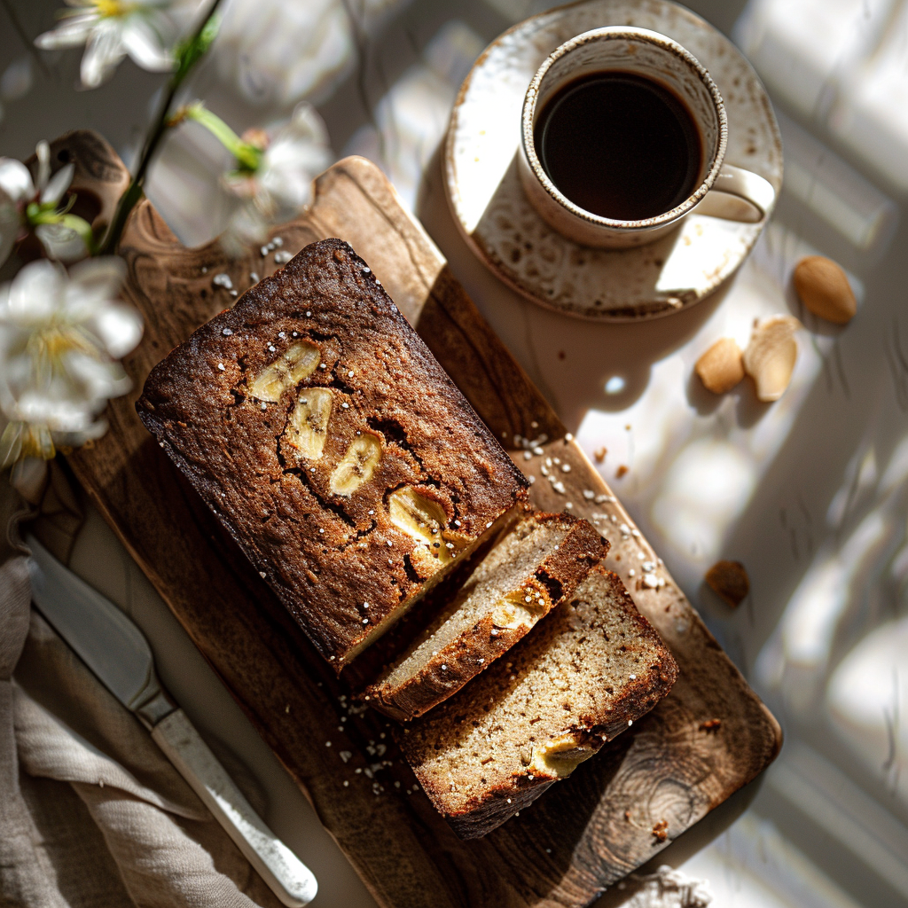 Top-down view of a slice of banana bread on a light wooden board, with soft shadows and bright natural light.